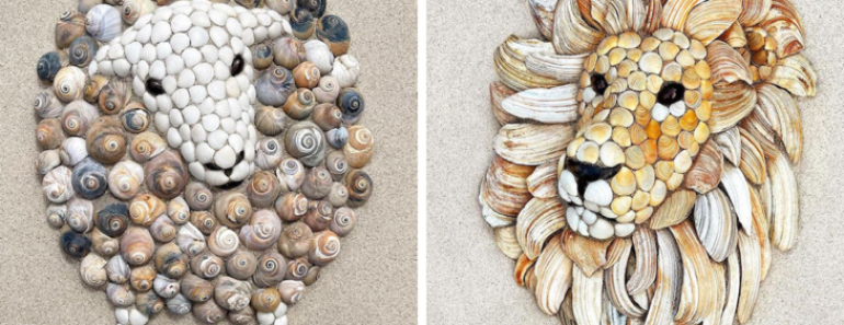 This Artist Creates Captivating Animal Portraits From Seashells Found At The Beach