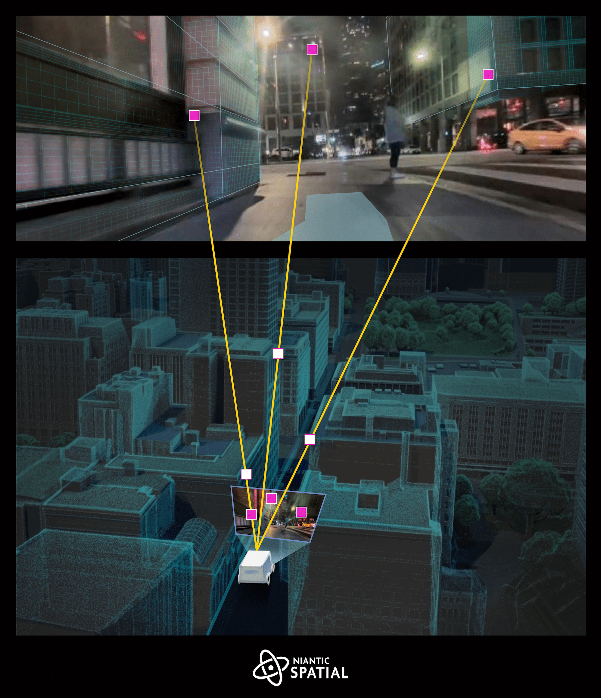 an illustration of a square delivery robot using cameras to scan on a city street