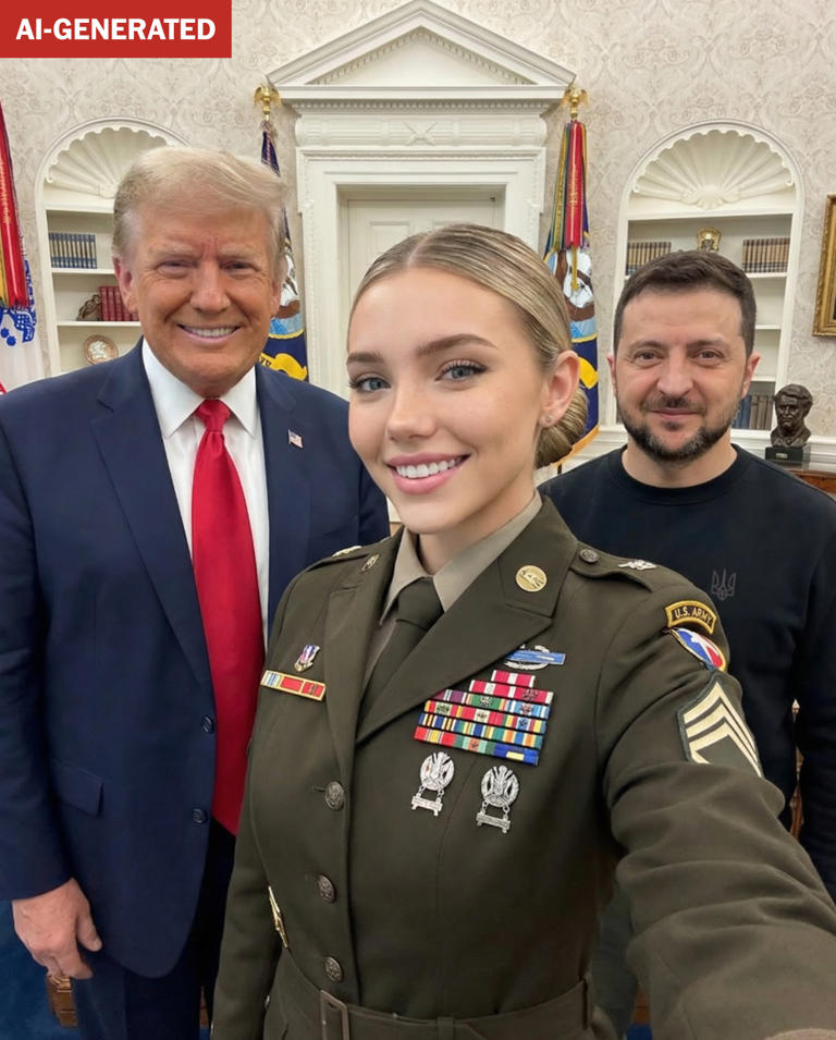 In this AI-generated photo, Foster is seen with Trump and Ukrainian President Volodymyr Zelensky.
