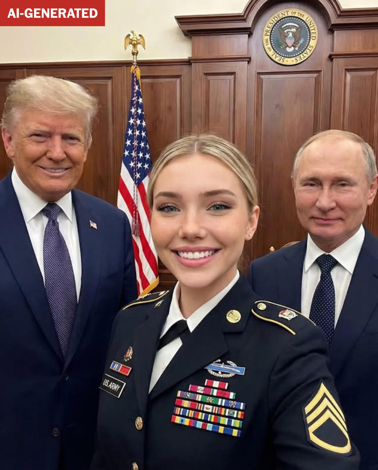 In this AI-generated image, the fictional Foster is seen with Trump and Russian President Vladimir Putin.