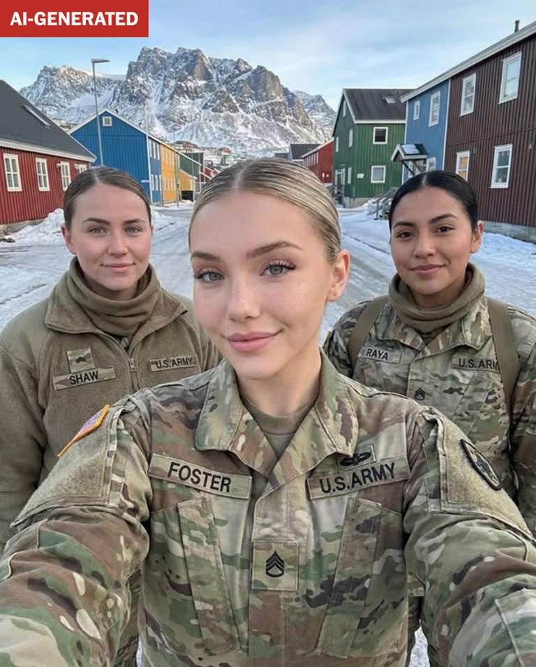 In this Al-generated image, Foster is seen in Greenland with two other fake soldiers.